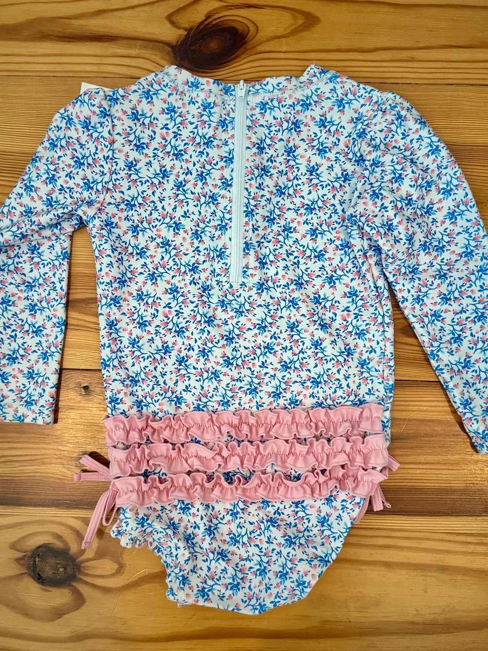 Ruffle Butts Floral Long Sleeve One-Piece Swimsuit White, Blue & Pink 3T EUC